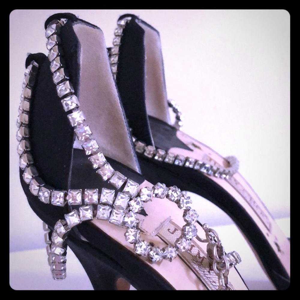 Jimmy Choo black satin diamond bracelet heels 6.5